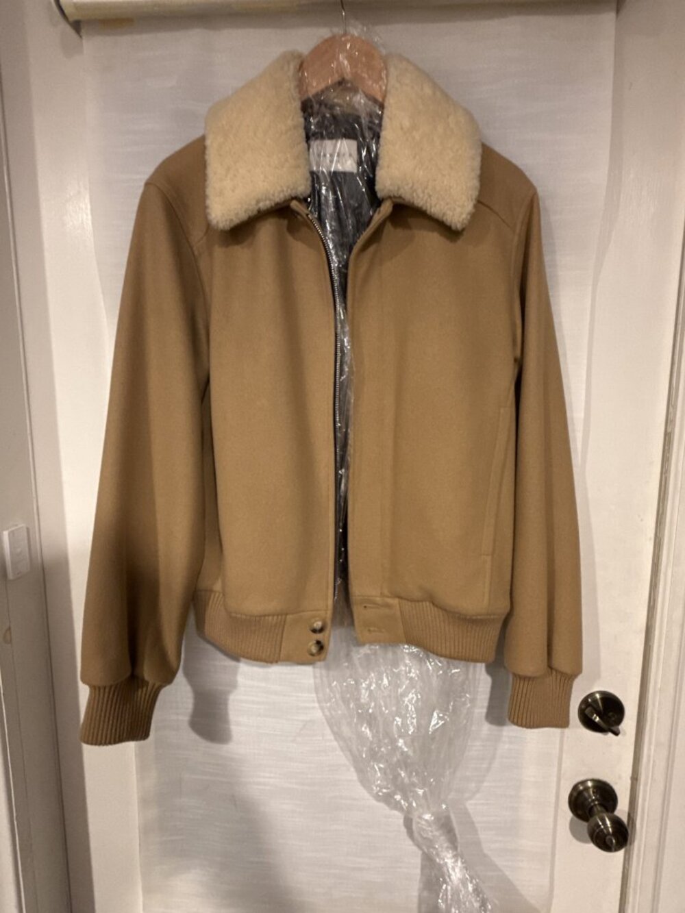 Sandro Paris Camel Wool Bomber Jacket Shearling Collar Size S